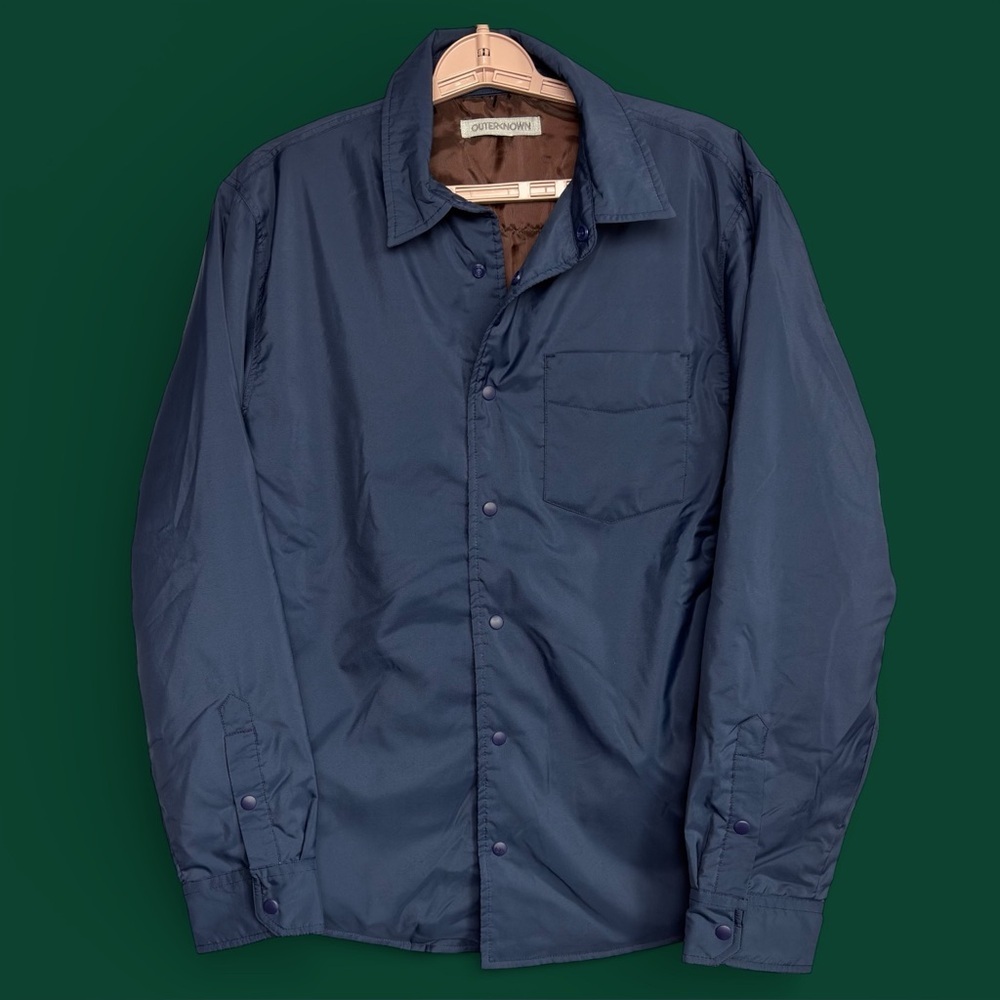 Outerknown Origin Shacket Jacket Men Sz S Navy Blue Snap Up Minimalist EUC